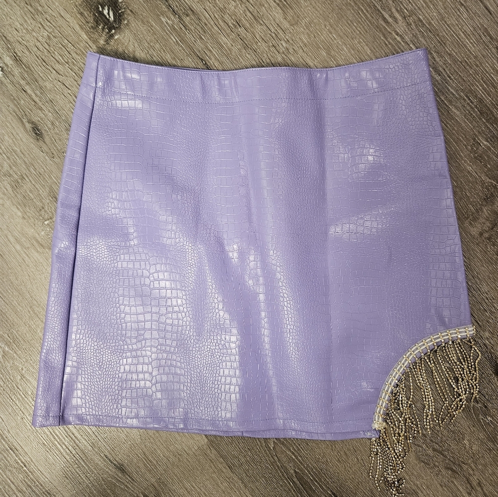 Lavender Faux Leather Skirt with Rhinestone Fringe Detail